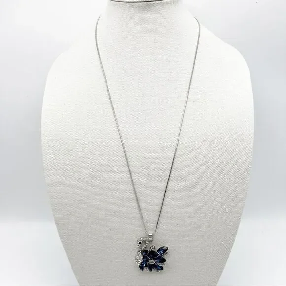 Louise Elliott Silver Tone Blue & Clear Crystal Swan Bird Pendant Necklace 29” - Picture 3 of 7
